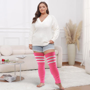 Moon Wood Plus Size Leg Warmers for Women Long Knit Over Knee - Pink & White - view 5