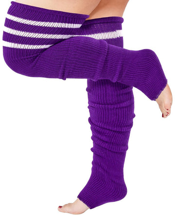 Moon Wood Plus Size Leg Warmers for Women Long Knit Over Knee - Purple & White - view 1