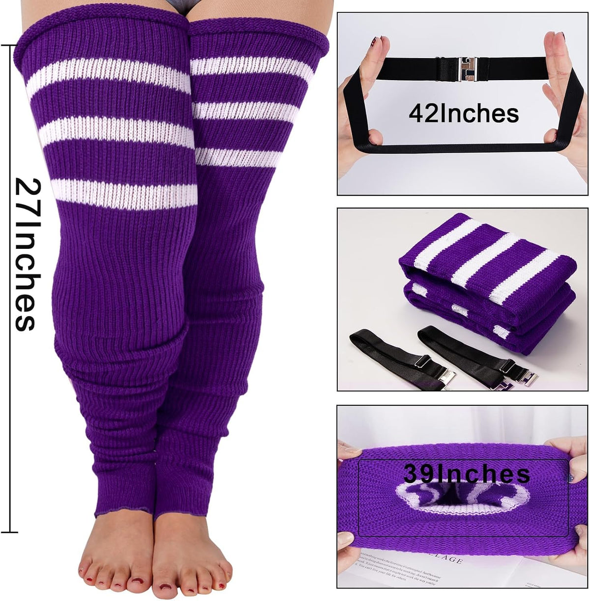 Moon Wood Plus Size Leg Warmers for Women Long Knit Over Knee - Purple & White - view 2