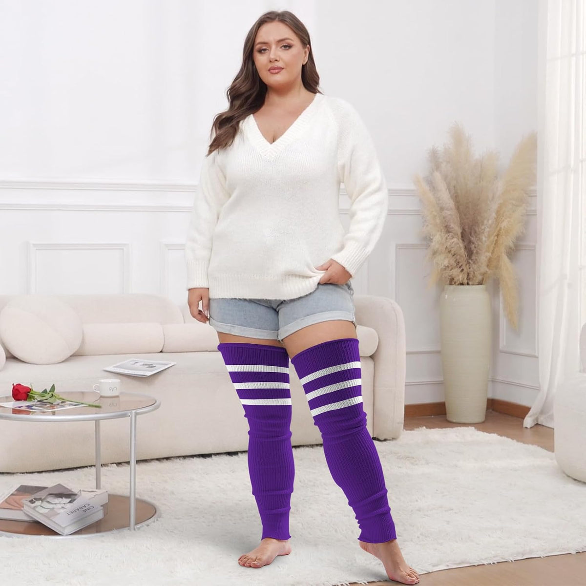 Moon Wood Plus Size Leg Warmers for Women Long Knit Over Knee - Purple & White - view 5