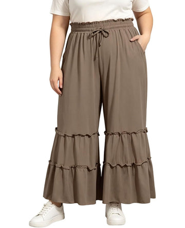 Moon Wood Plus Size Light Brown Ruffled Palazzo Pants with Pockets - view 1
