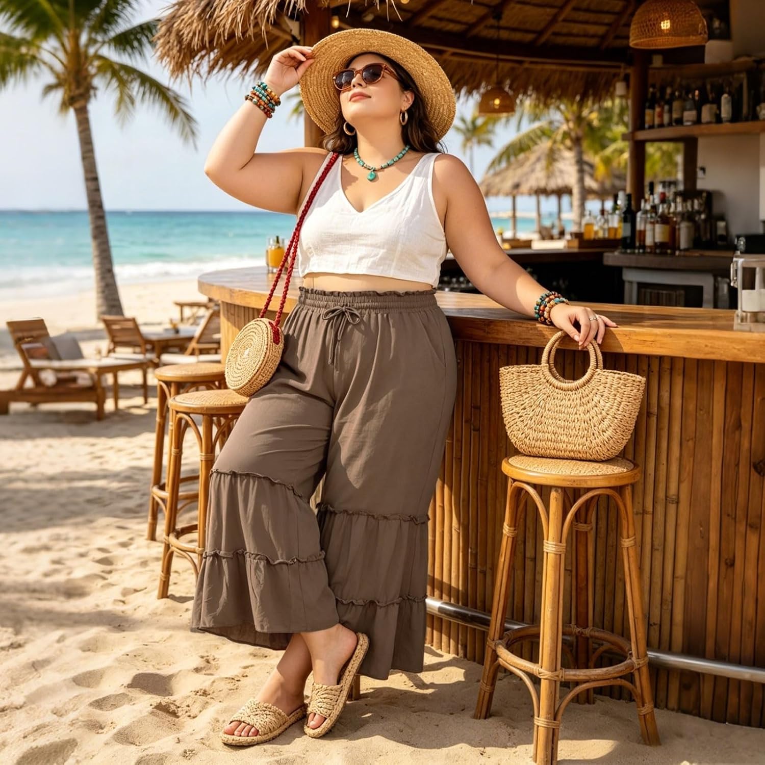 Moon Wood Plus Size Light Brown Ruffled Palazzo Pants with Pockets - view 2