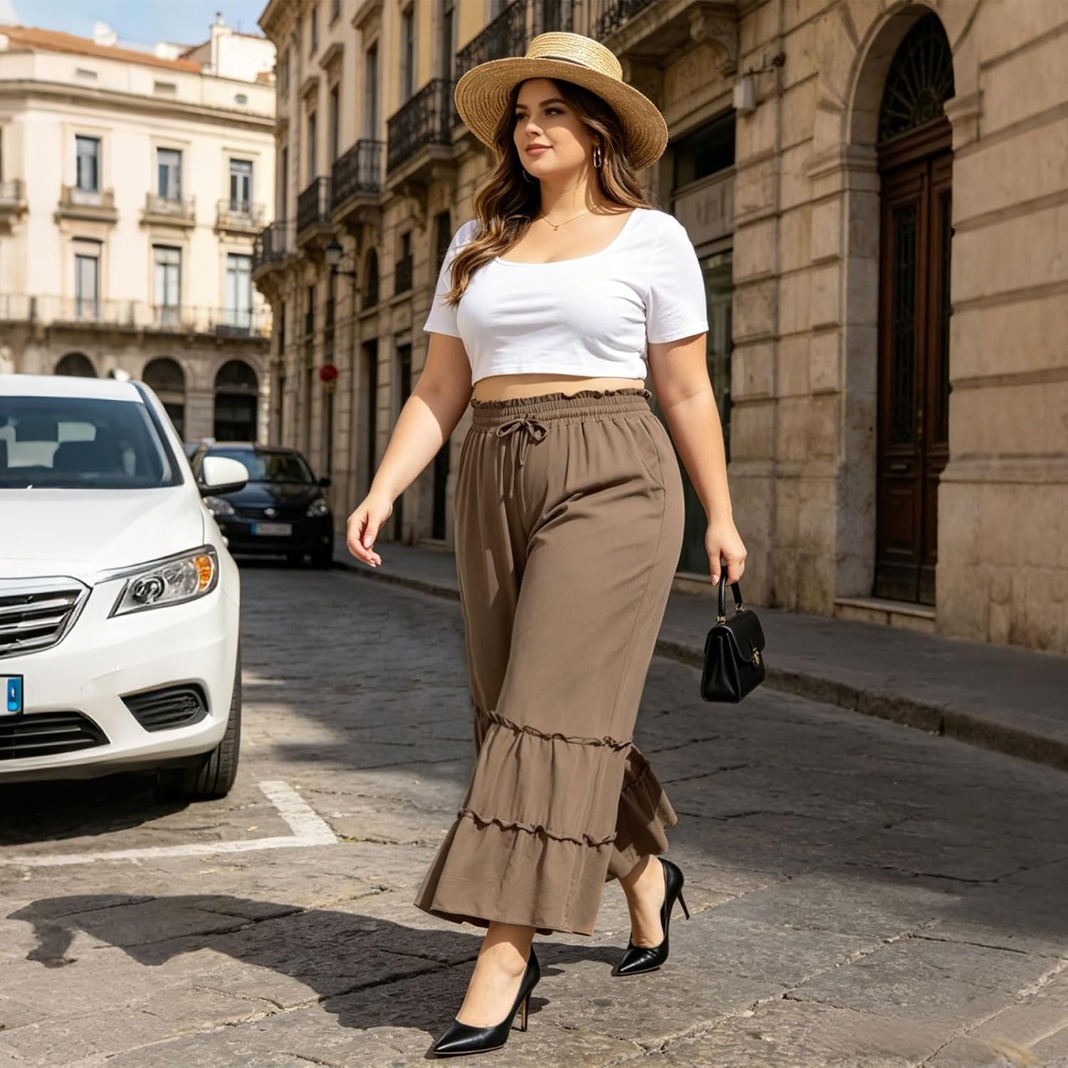 Moon Wood Plus Size Light Brown Ruffled Palazzo Pants with Pockets - view 3
