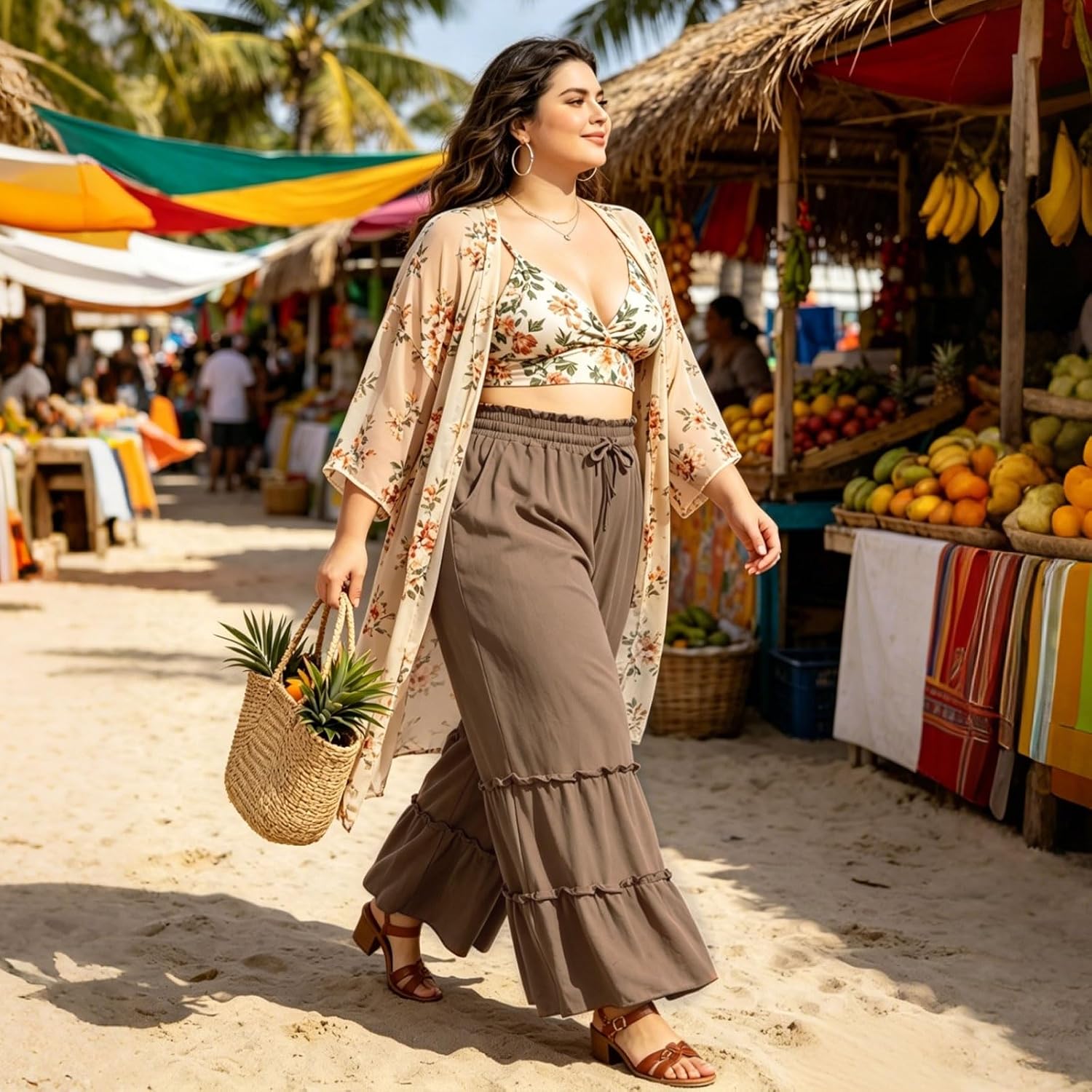 Moon Wood Plus Size Light Brown Ruffled Palazzo Pants with Pockets - view 4