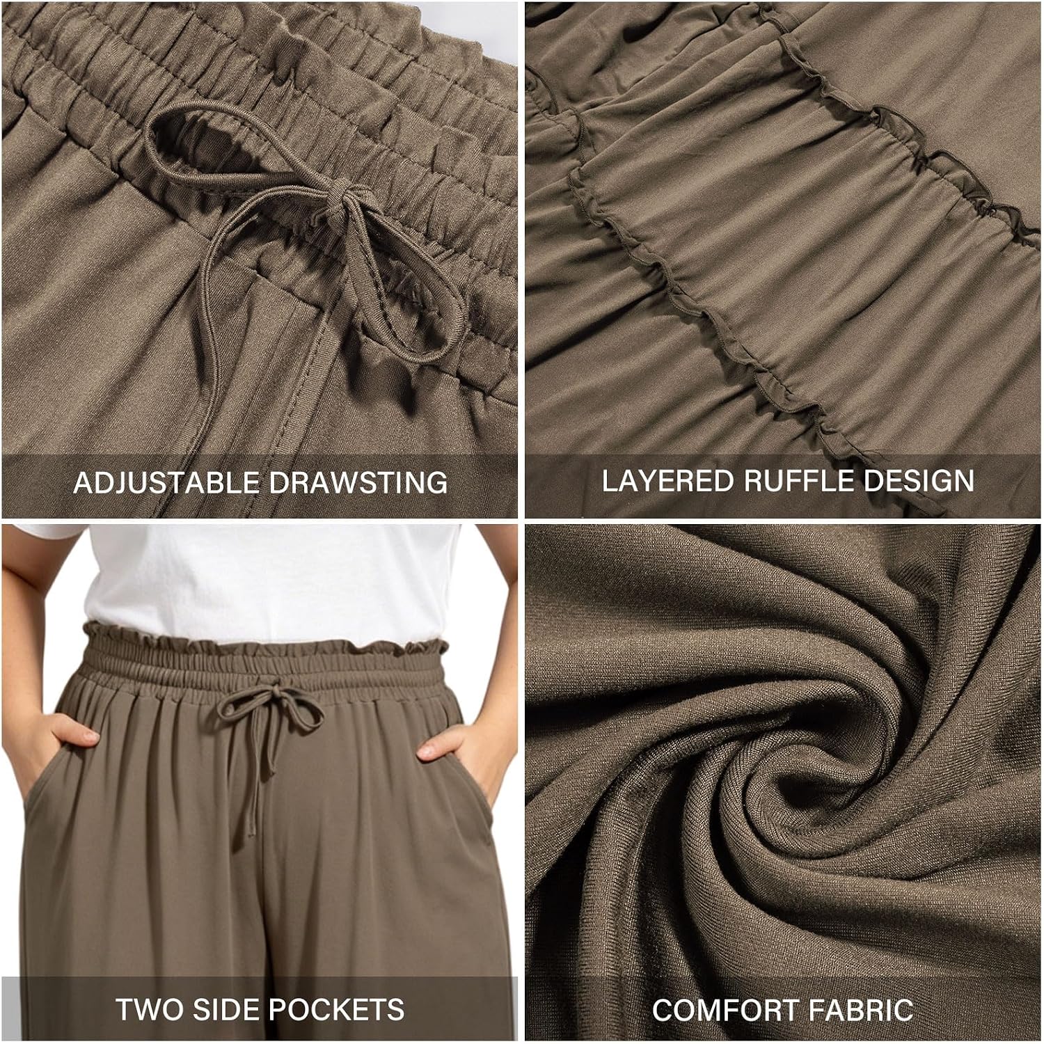 Moon Wood Plus Size Light Brown Ruffled Palazzo Pants with Pockets - view 5