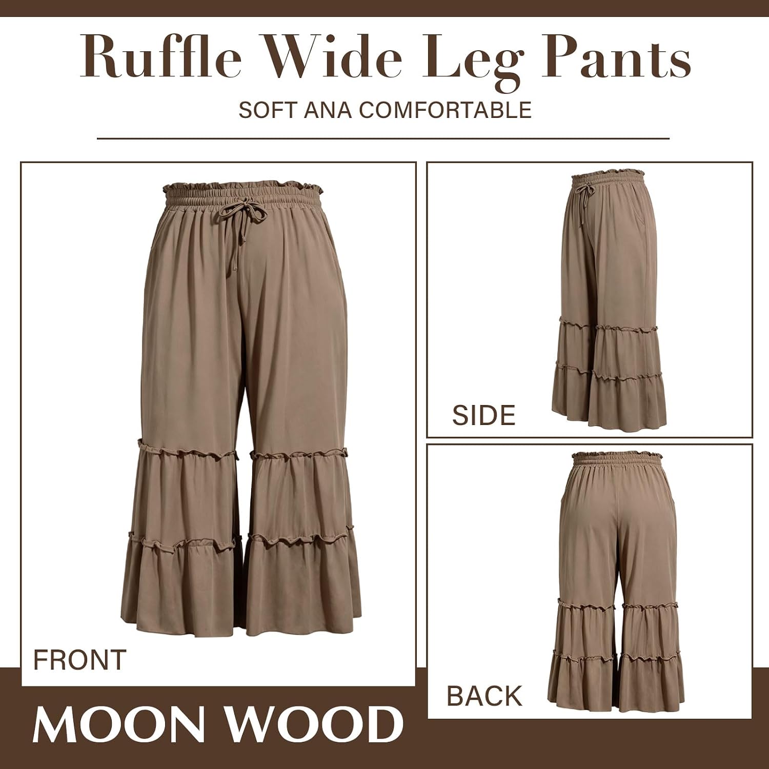 Moon Wood Plus Size Light Brown Ruffled Palazzo Pants with Pockets - view 7