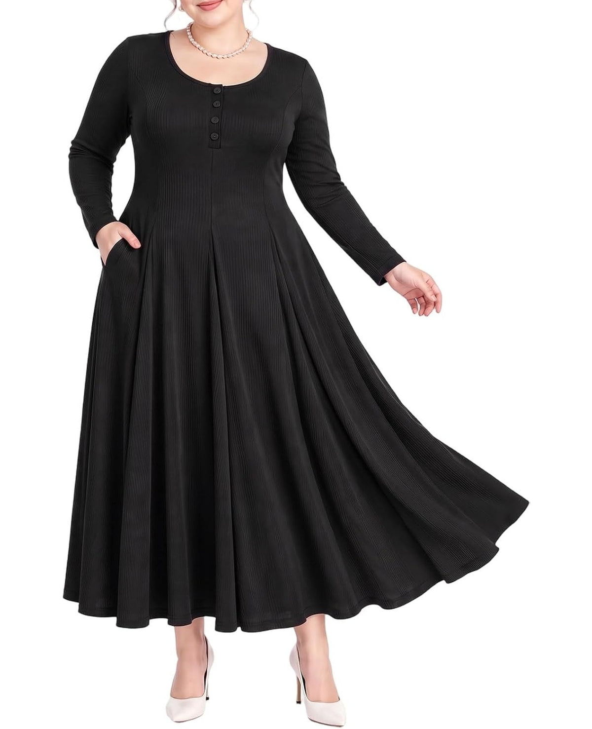 Moon Wood Plus Size Maxi Dresses for Women Fall Long Dresses with Pockets - Black