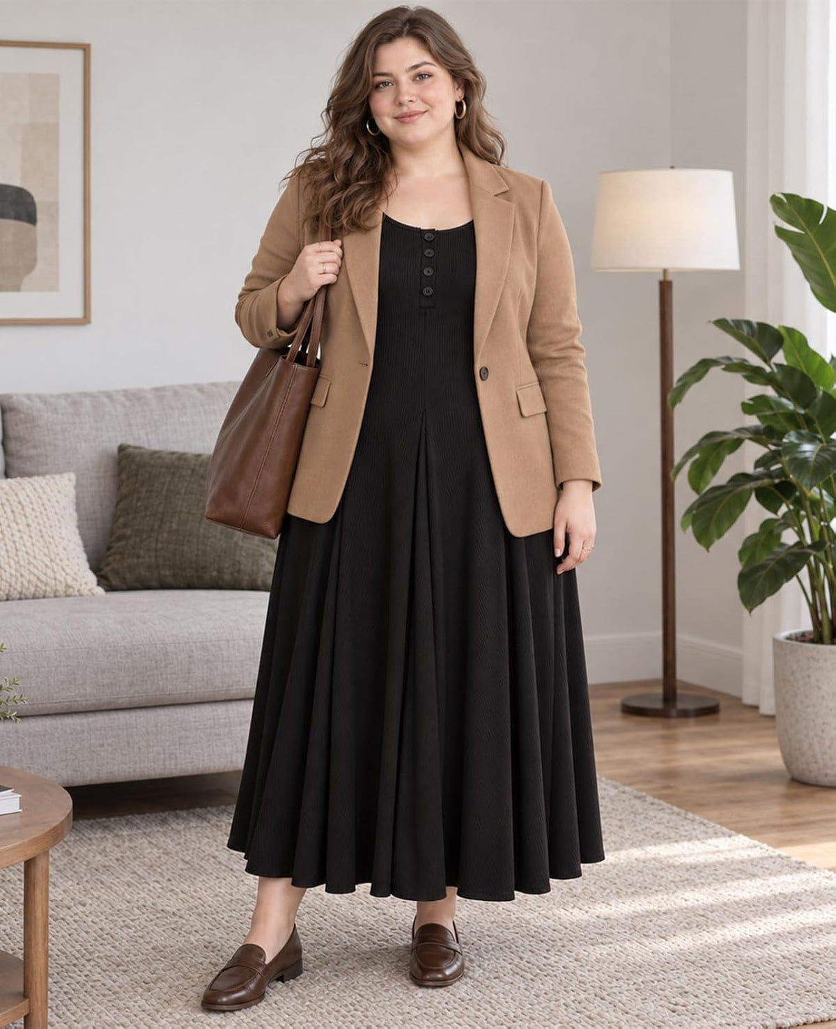 Moon Wood Plus Size Maxi Dresses for Women Fall Long Dresses with Pockets - Black