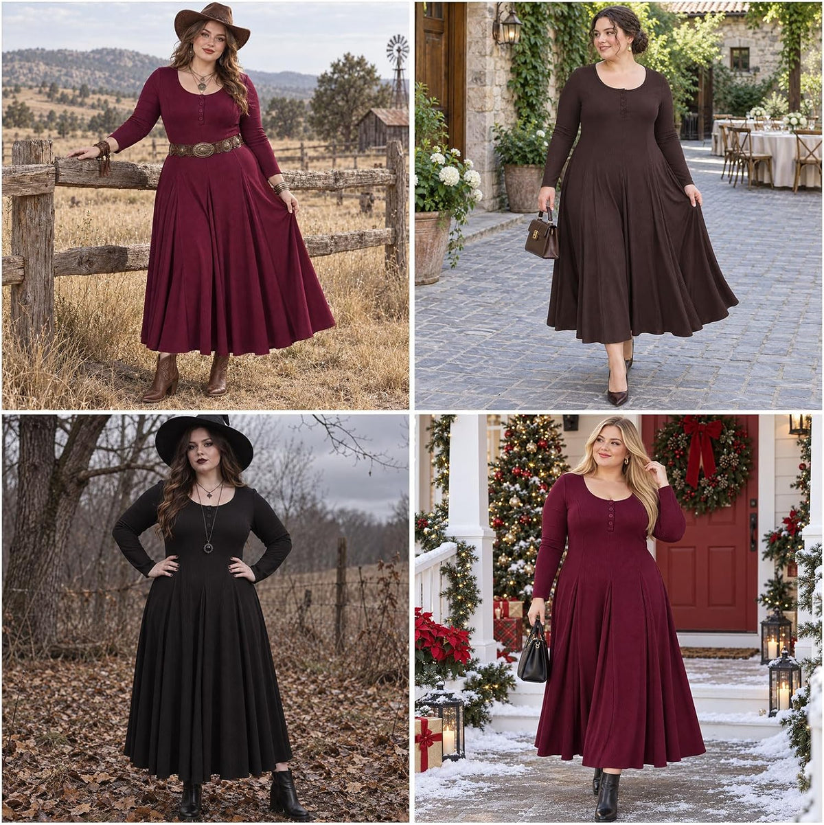 Moon Wood Plus Size Maxi Dresses for Women Fall Long Dresses with Pockets - Black