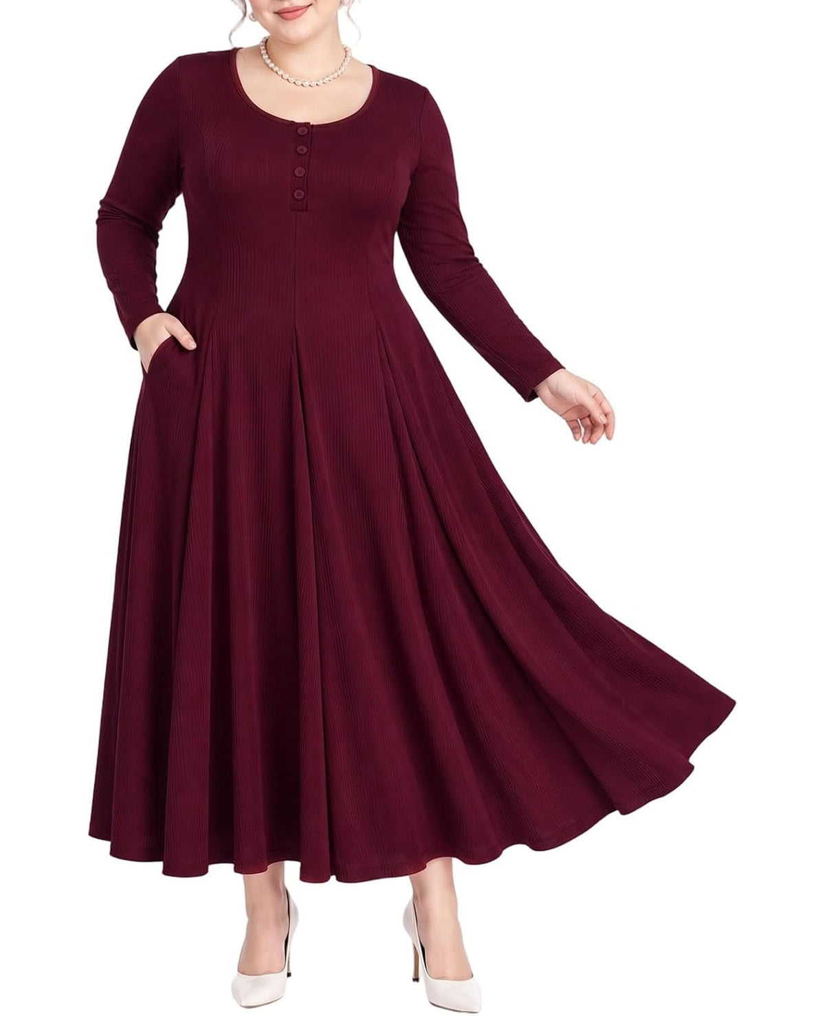Moon Wood Plus Size Maxi Dresses for Women Fall Long Dresses with Pockets - Burgundy