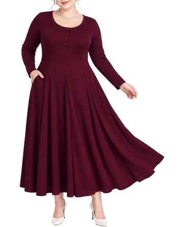 Moon Wood Plus Size Maxi Dresses for Women Fall Long Dresses with Pockets - Burgundy
