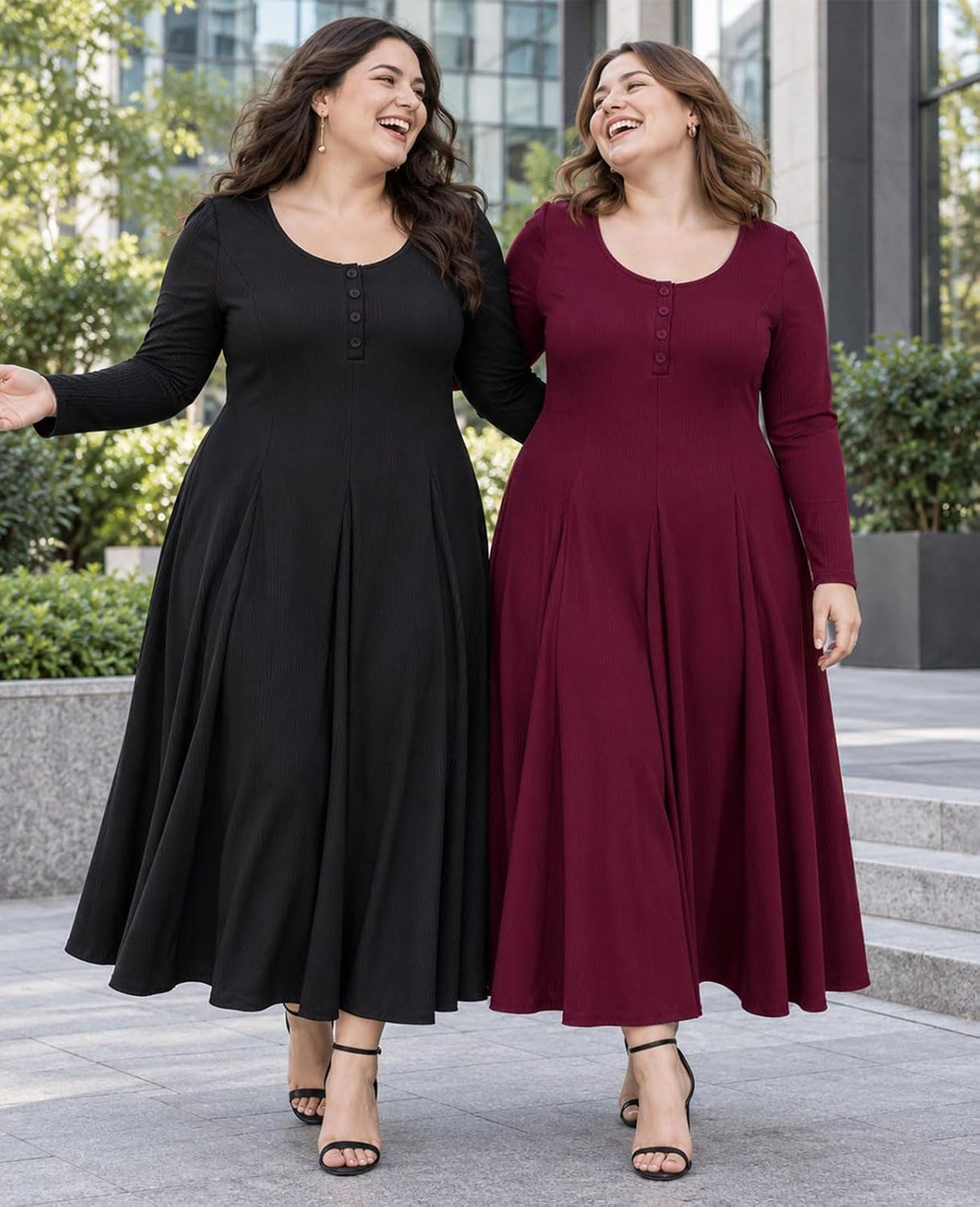 Moon Wood Plus Size Maxi Dresses for Women Fall Long Dresses with Pockets - Burgundy