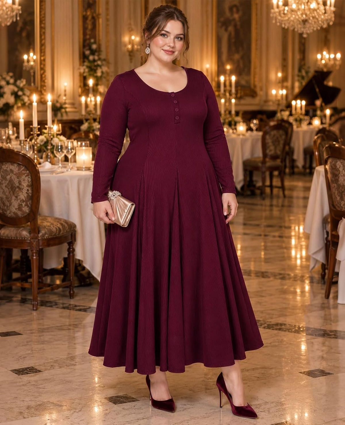 Moon Wood Plus Size Maxi Dresses for Women Fall Long Dresses with Pockets - Burgundy