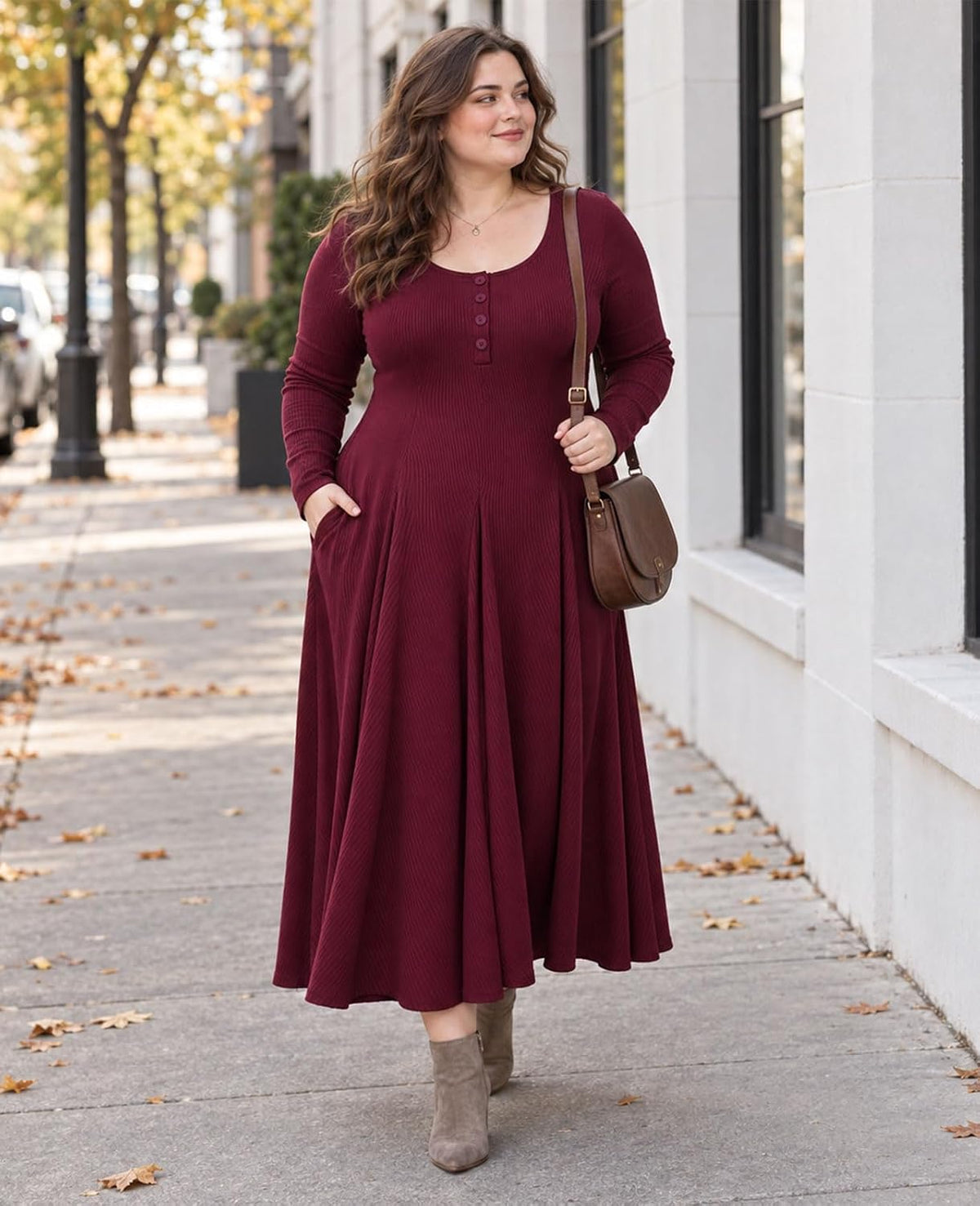 Moon Wood Plus Size Maxi Dresses for Women Fall Long Dresses with Pockets - Burgundy