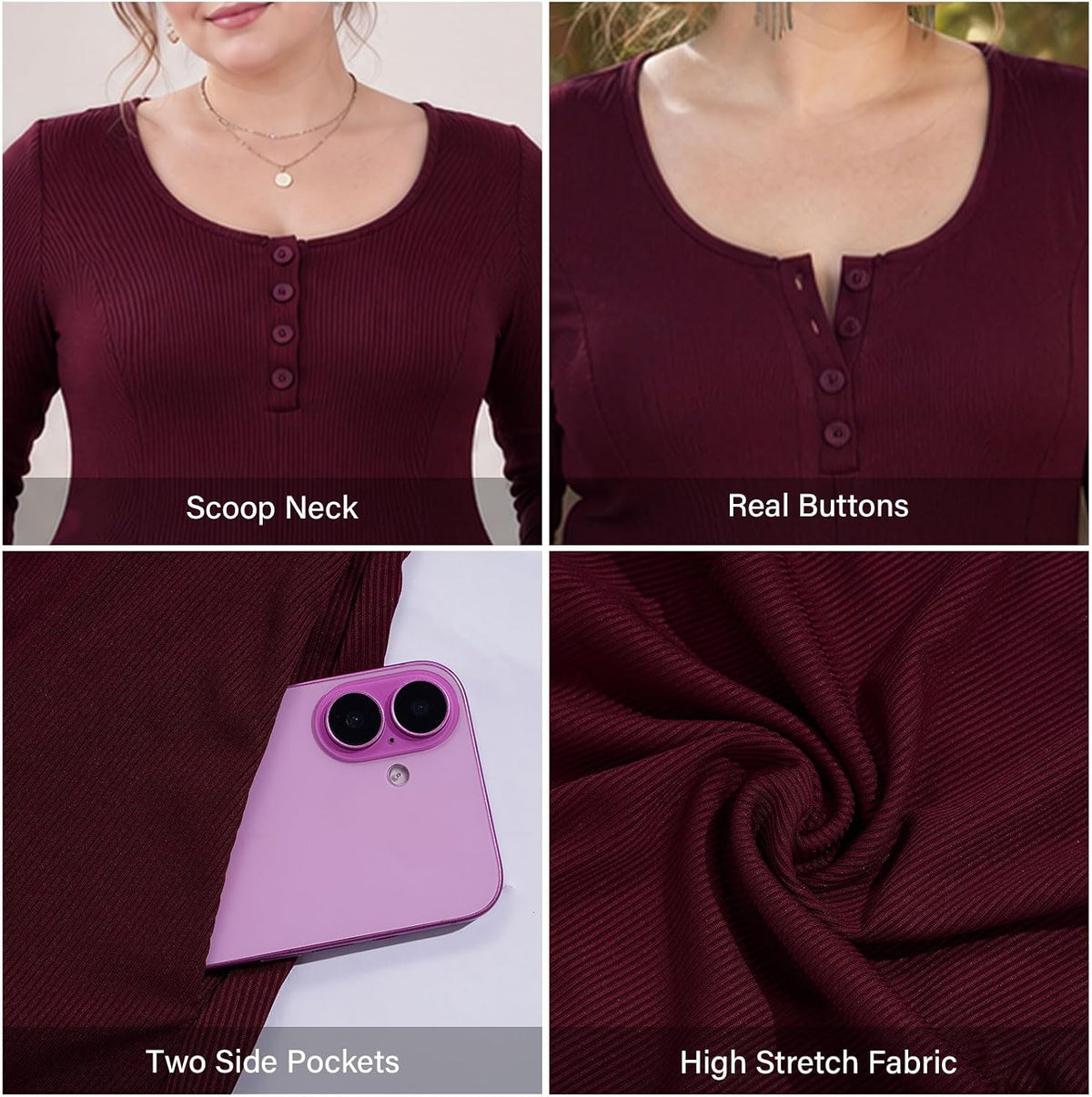 Moon Wood Plus Size Maxi Dresses for Women Fall Long Dresses with Pockets - Burgundy