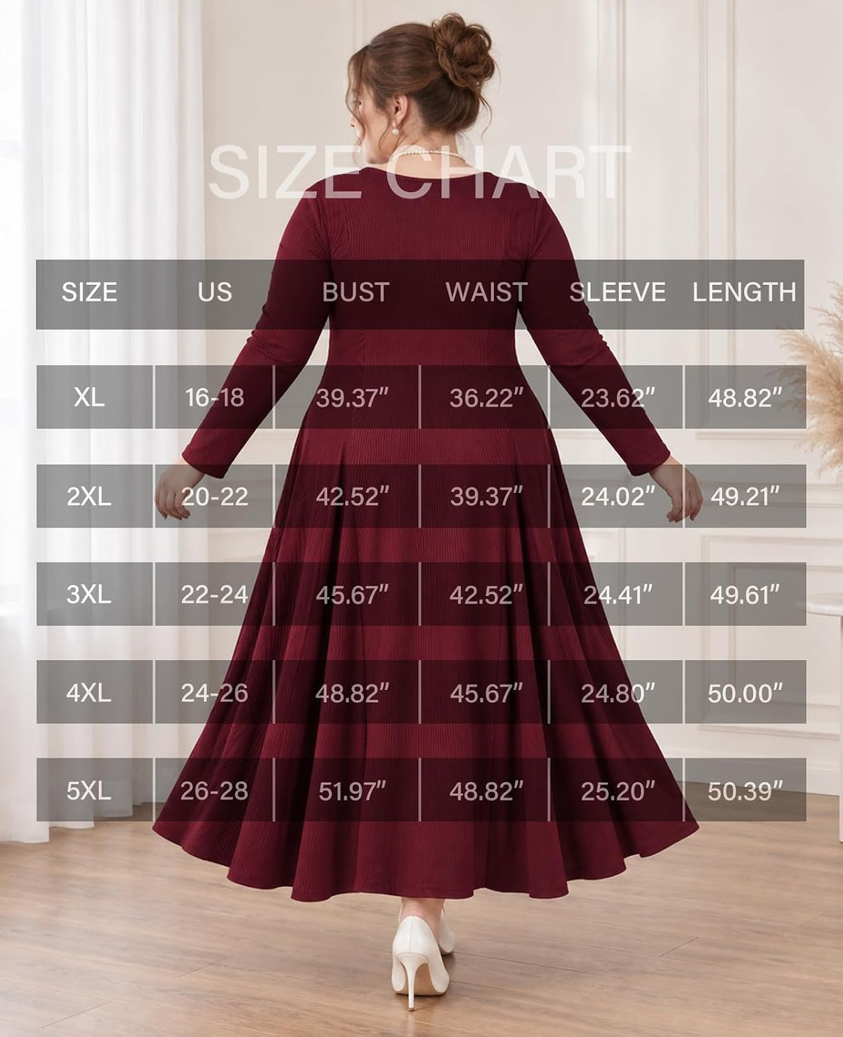 Moon Wood Plus Size Maxi Dresses for Women Fall Long Dresses with Pockets - Burgundy
