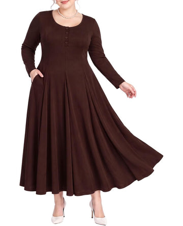 Moon Wood Plus Size Maxi Dresses for Women Fall Long Dresses with Pockets - Camel