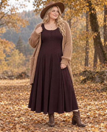 Moon Wood Plus Size Maxi Dresses for Women Fall Long Dresses with Pockets - Camel