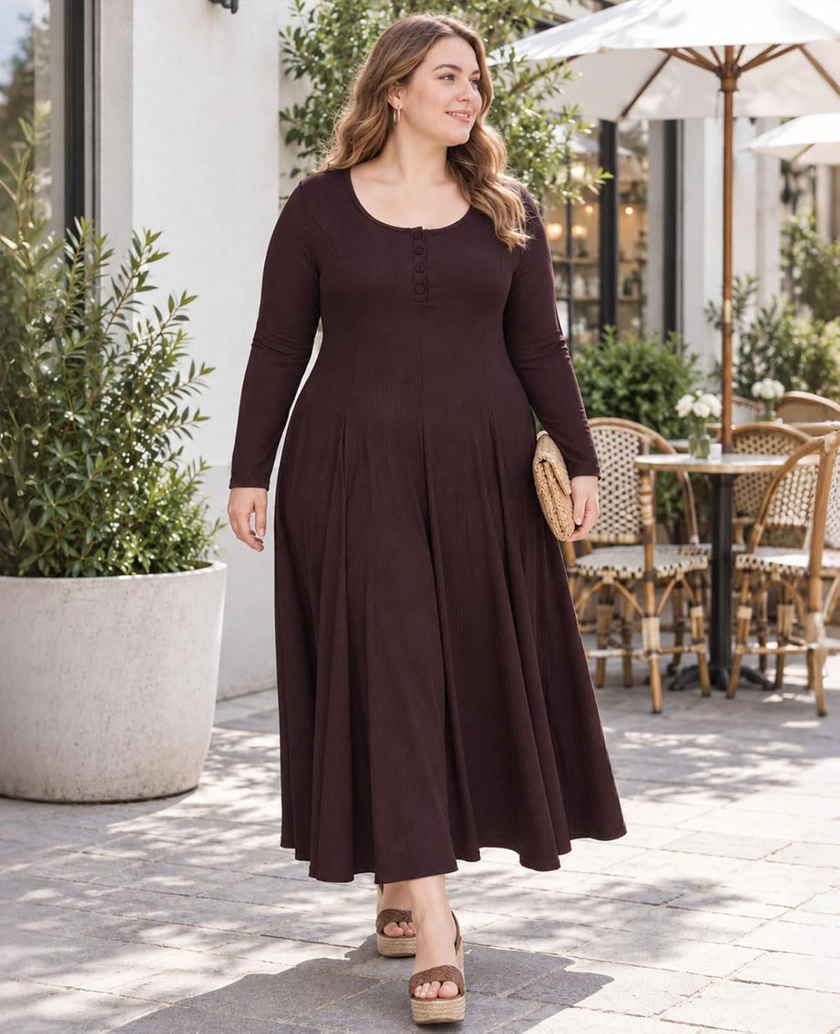 Moon Wood Plus Size Maxi Dresses for Women Fall Long Dresses with Pockets - Camel