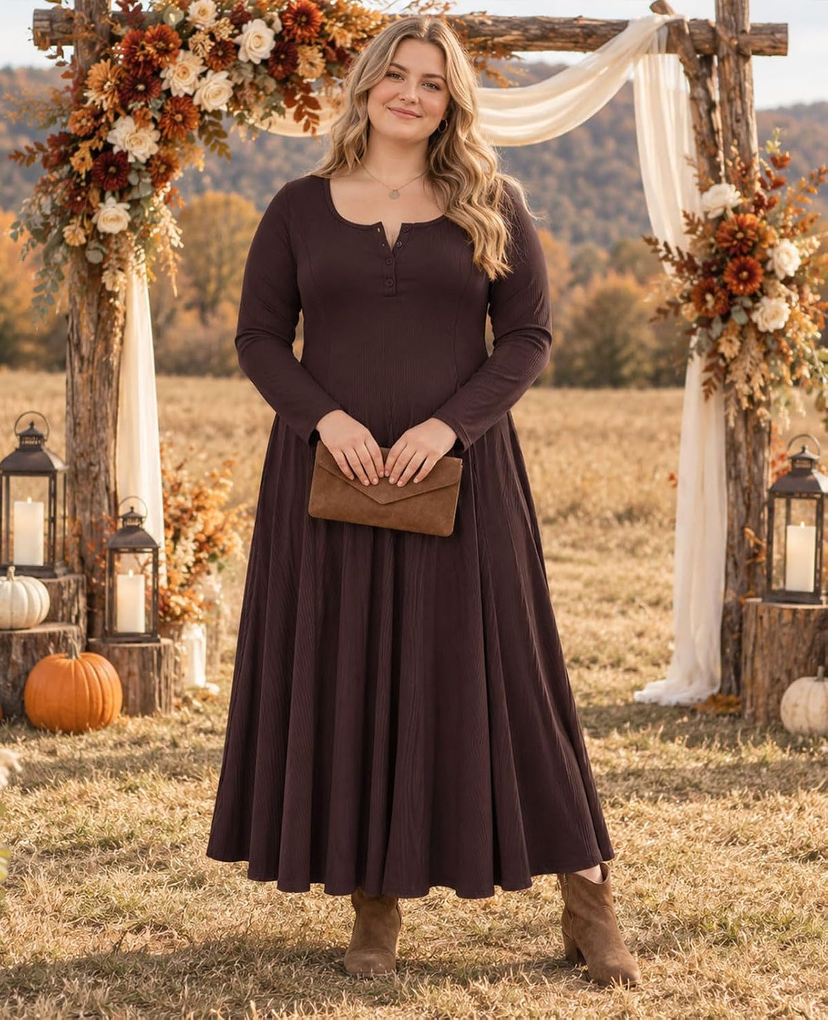 Moon Wood Plus Size Maxi Dresses for Women Fall Long Dresses with Pockets - Camel