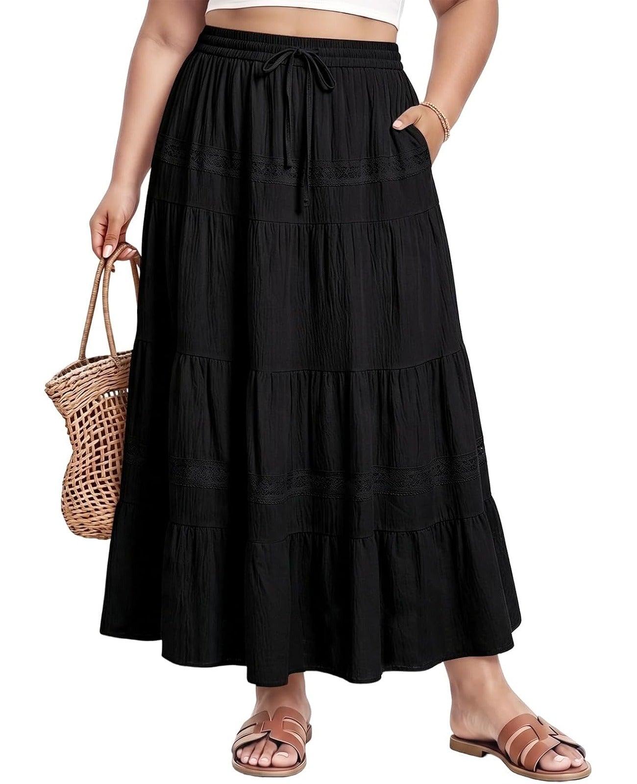 Moon Wood Plus Size Maxi Skirt with Pockets Renaissance Long Skirt - Black - view 1