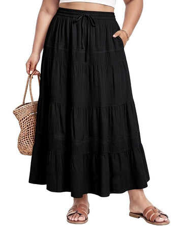 Moon Wood Plus Size Maxi Skirt with Pockets Renaissance Long Skirt - Black - view 1