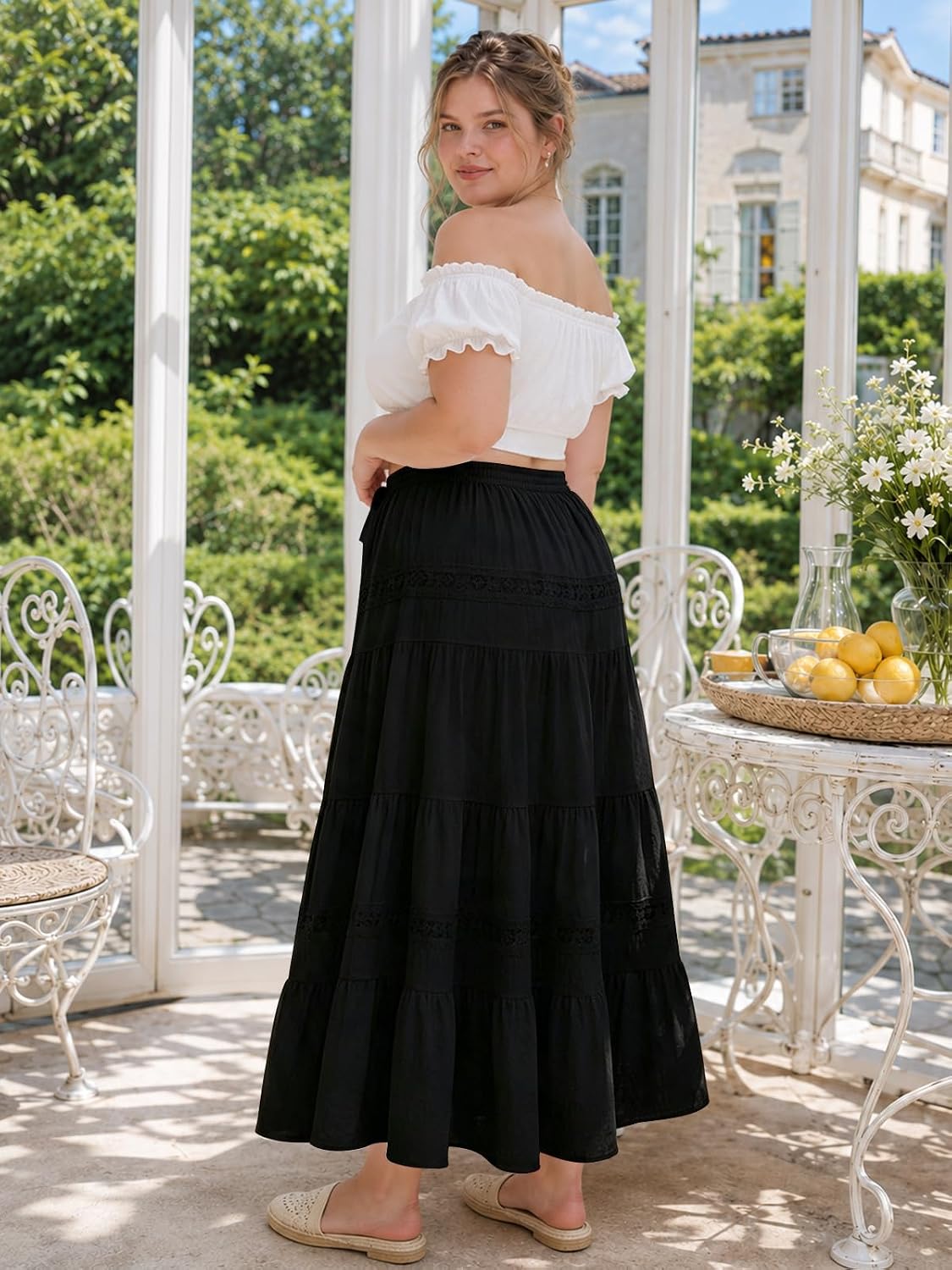 Moon Wood Plus Size Maxi Skirt with Pockets Renaissance Long Skirt - Black - view 3