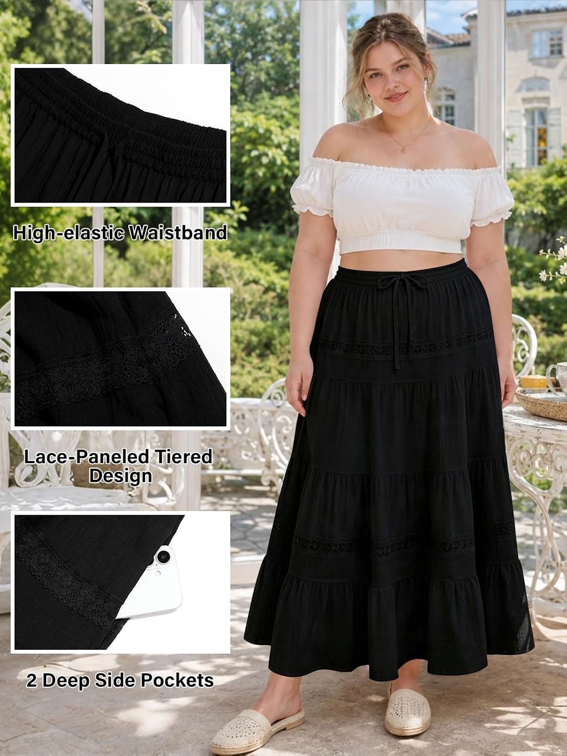 Moon Wood Plus Size Maxi Skirt with Pockets Renaissance Long Skirt - Black - view 4
