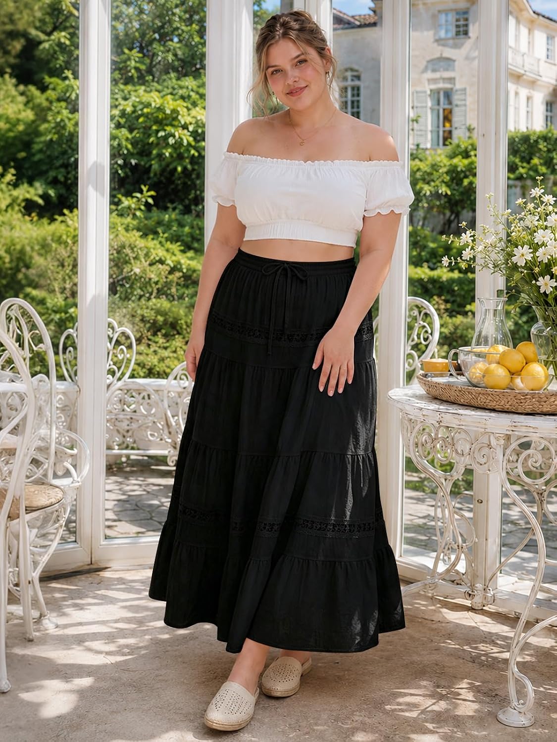 Moon Wood Plus Size Maxi Skirt with Pockets Renaissance Long Skirt - Black - view 5