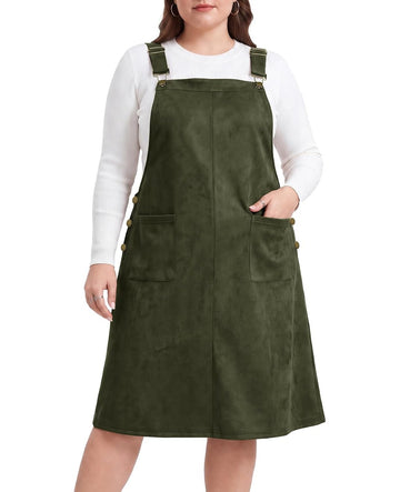 Moon Wood Plus Size Overall Dress for Women Jumper Dress with Pockets - Army Green - view 1