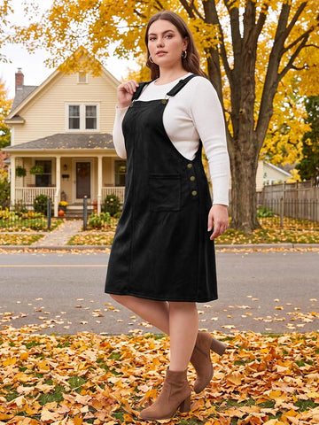 Moon Wood Plus Size Overall Dress for Women Jumper Dress with Pockets - Black - view 2