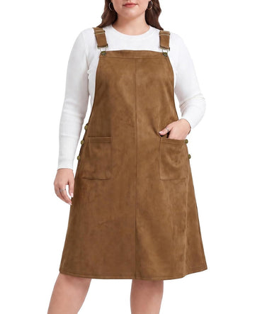 Moon Wood Plus Size Overall Dress for Women Jumper Dress with Pockets - Brown - view 1