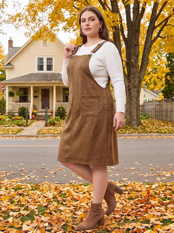 Moon Wood Plus Size Overall Dress for Women Jumper Dress with Pockets - Brown - view 2