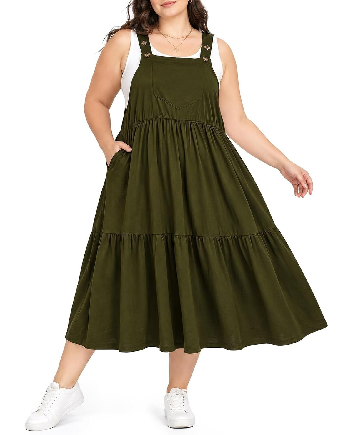 Moon Wood Plus Size Overall Dress for Women Summer Casual Maxi Jumper Dress - Army Green