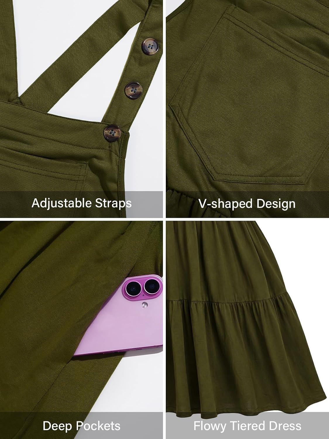 Moon Wood Plus Size Overall Dress for Women Summer Casual Maxi Jumper Dress - Army Green