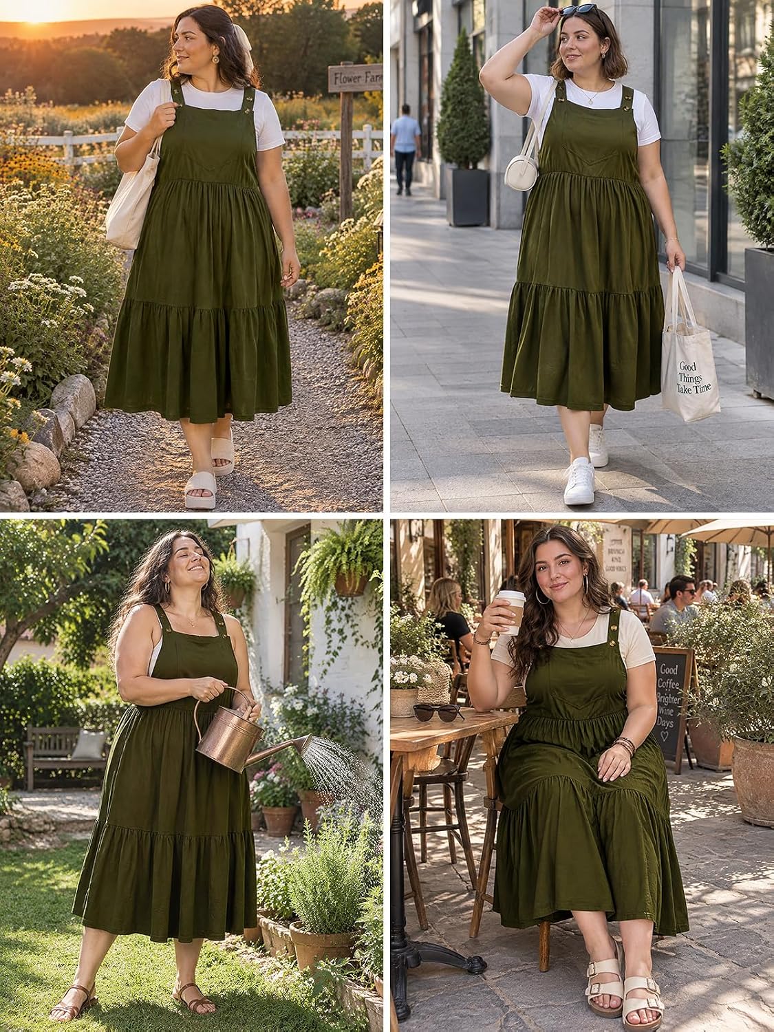 Moon Wood Plus Size Overall Dress for Women Summer Casual Maxi Jumper Dress - Army Green