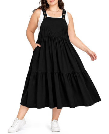 Moon Wood Plus Size Overall Dress for Women Summer Casual Maxi Jumper Dress - Black