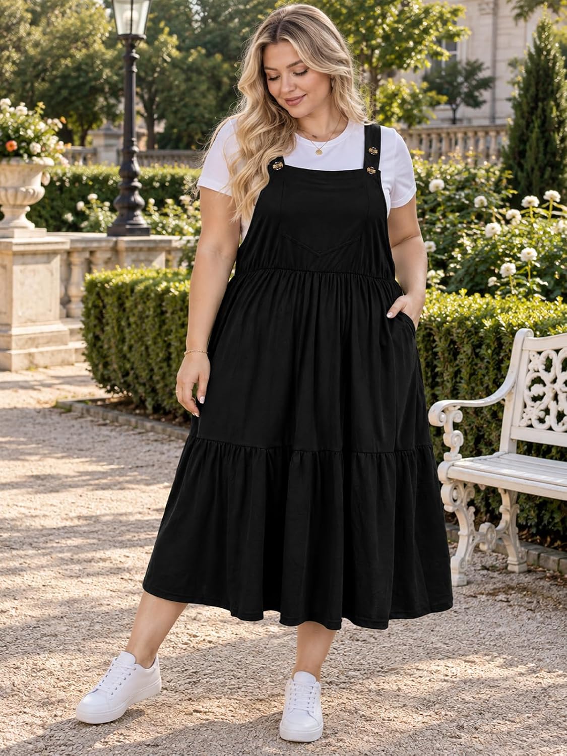 Moon Wood Plus Size Overall Dress for Women Summer Casual Maxi Jumper Dress - Black