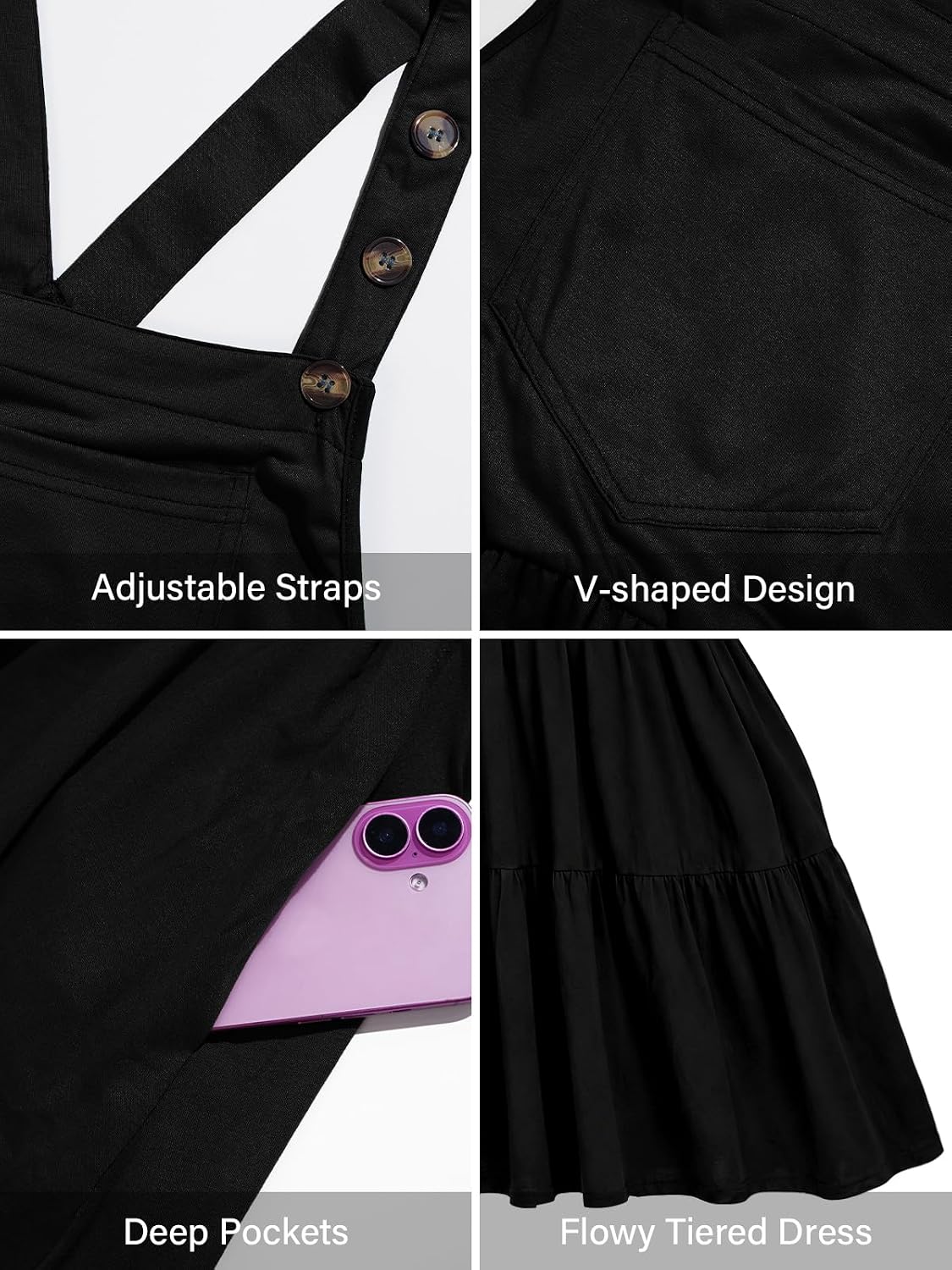 Moon Wood Plus Size Overall Dress for Women Summer Casual Maxi Jumper Dress - Black