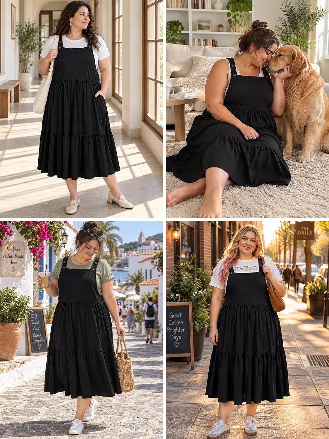 Moon Wood Plus Size Overall Dress for Women Summer Casual Maxi Jumper Dress - Black