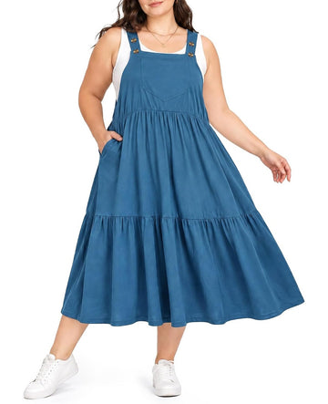 Moon Wood Plus Size Overall Dress for Women Summer Casual Maxi Jumper Dress - Blue