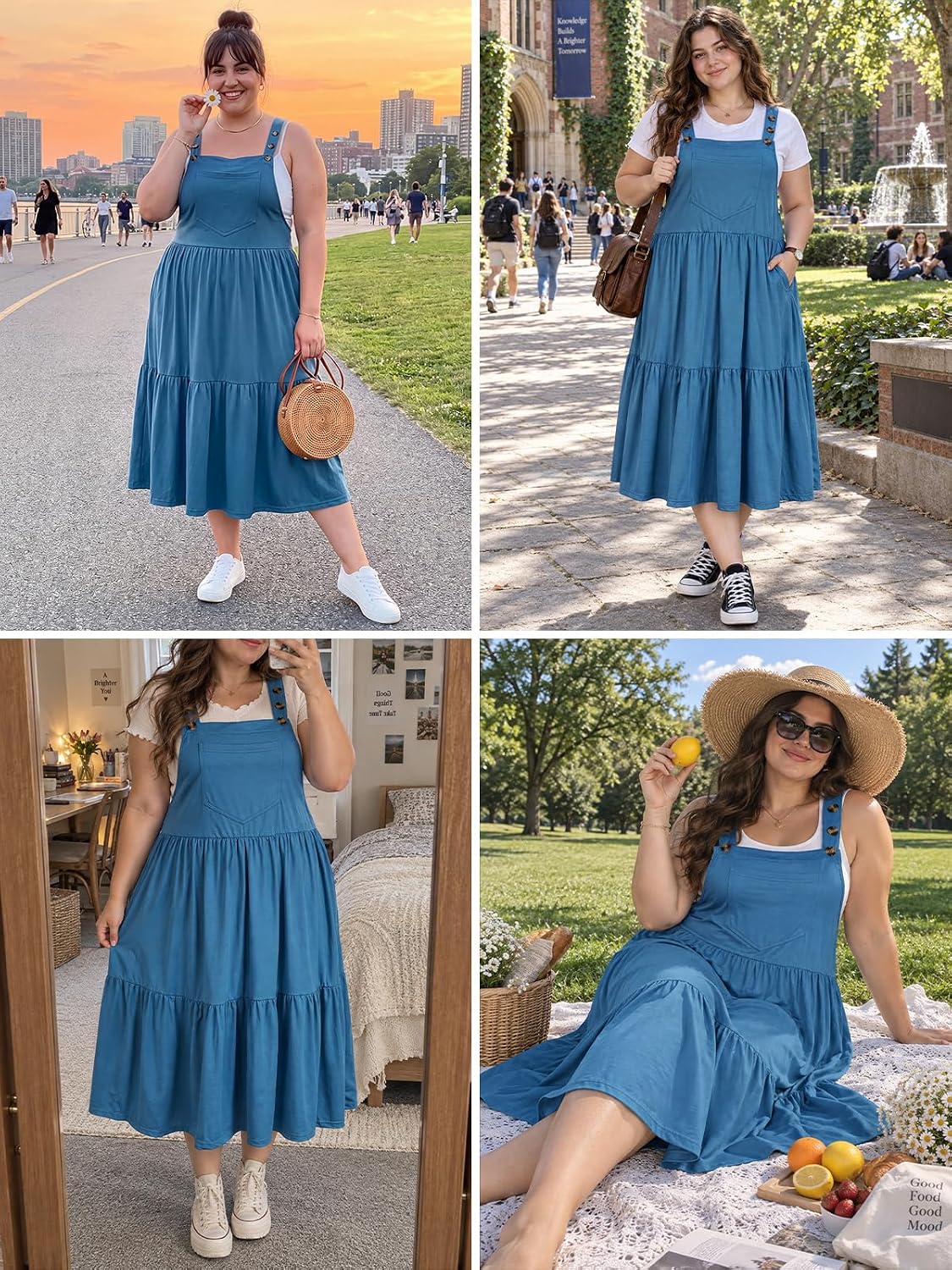 Moon Wood Plus Size Overall Dress for Women Summer Casual Maxi Jumper Dress - Blue