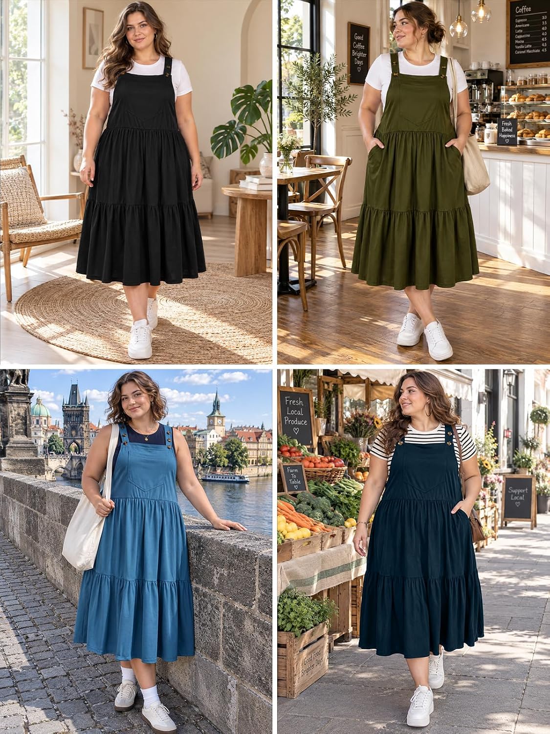 Moon Wood Plus Size Overall Dress for Women Summer Casual Maxi Jumper Dress - Blue