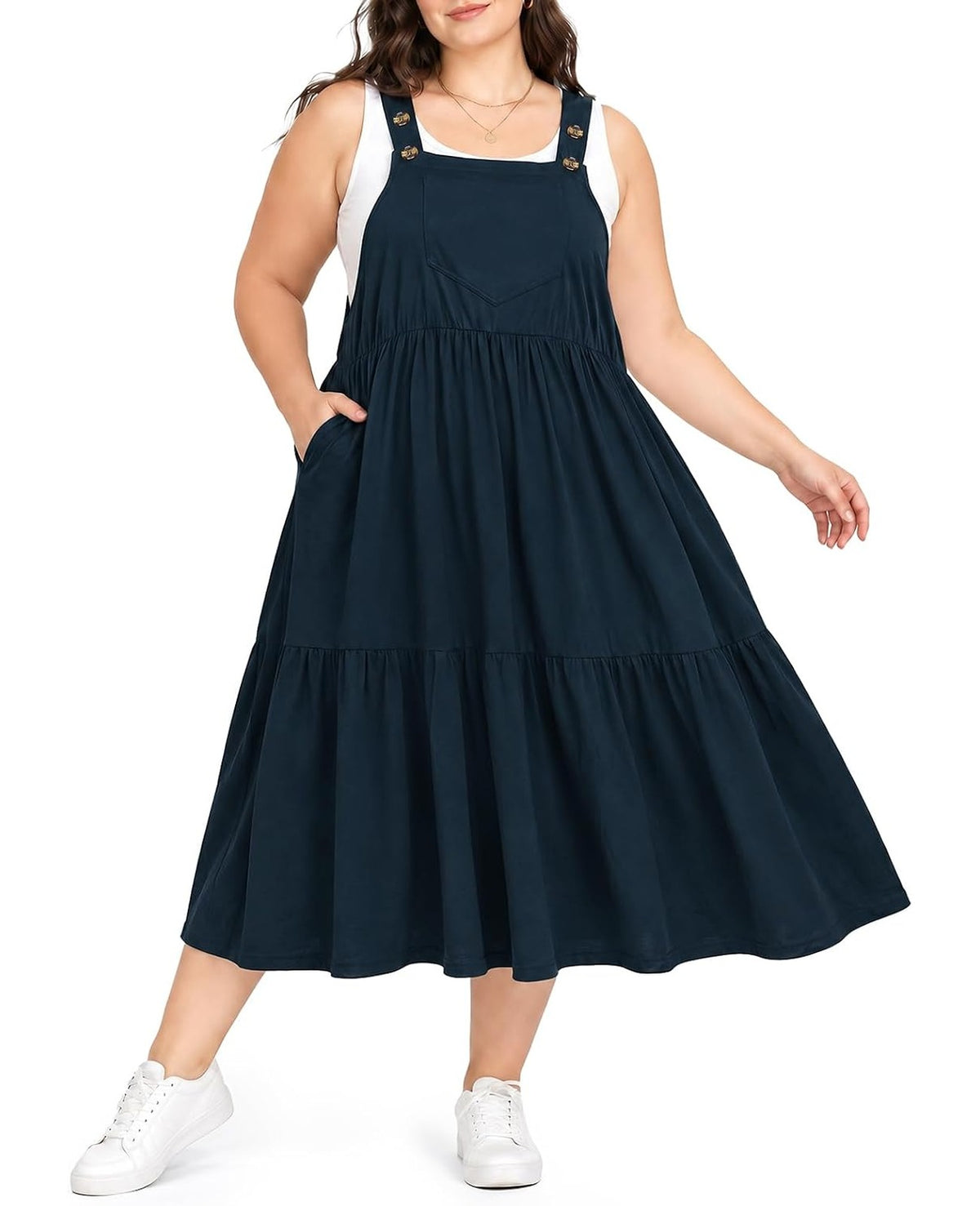 Moon Wood Plus Size Overall Dress for Women Summer Casual Maxi Jumper Dress - Navy Blue