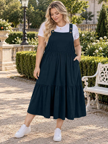 Moon Wood Plus Size Overall Dress for Women Summer Casual Maxi Jumper Dress - Navy Blue