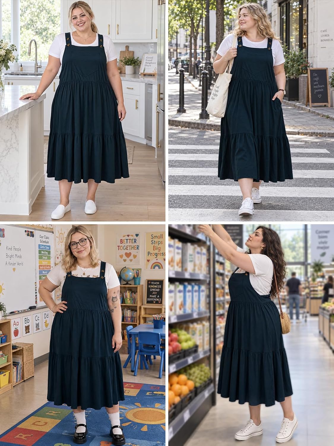 Moon Wood Plus Size Overall Dress for Women Summer Casual Maxi Jumper Dress - Navy Blue