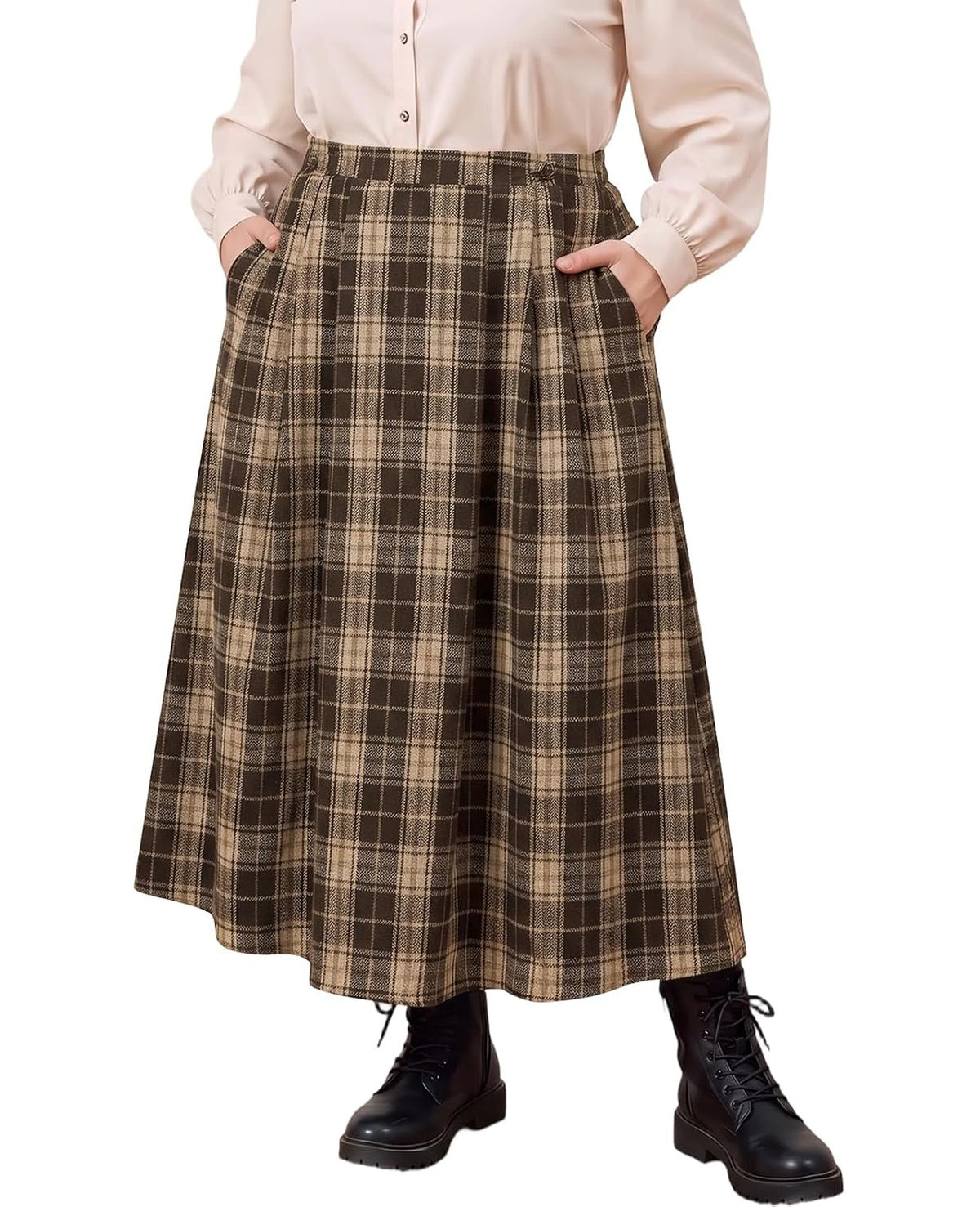 Moon Wood Plus Size Plaid Maxi Skirts for Women Long Skirt with Pockets - Plaid 01