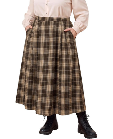 Moon Wood Plus Size Plaid Maxi Skirts for Women Long Skirt with Pockets - Plaid 01