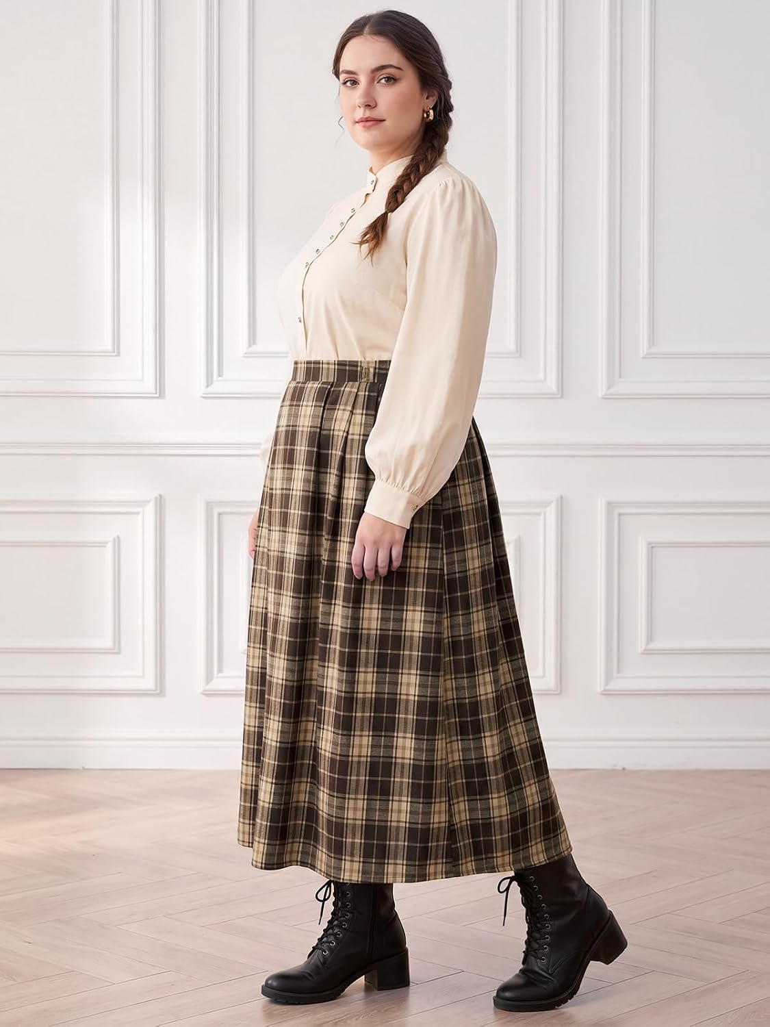 Moon Wood Plus Size Plaid Maxi Skirts for Women Long Skirt with Pockets - Plaid 01
