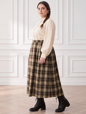 Moon Wood Plus Size Plaid Maxi Skirts for Women Long Skirt with Pockets - Plaid 01